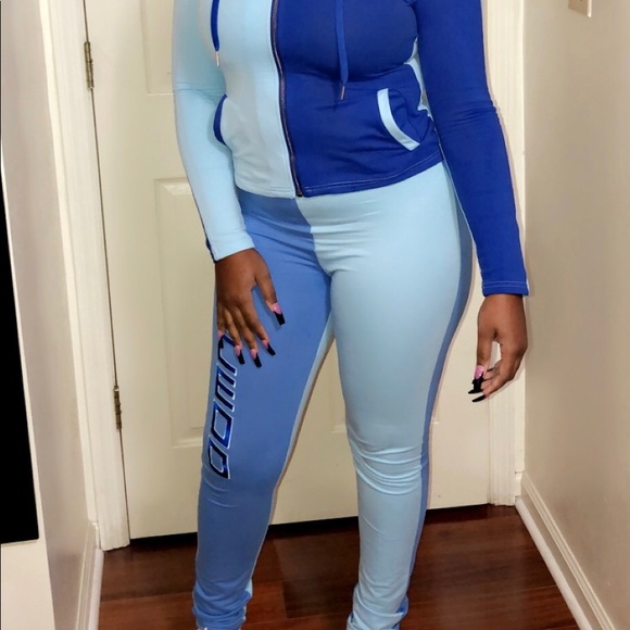 GSUWOO Blue color block zip hoodie set - Picture 8 of 9